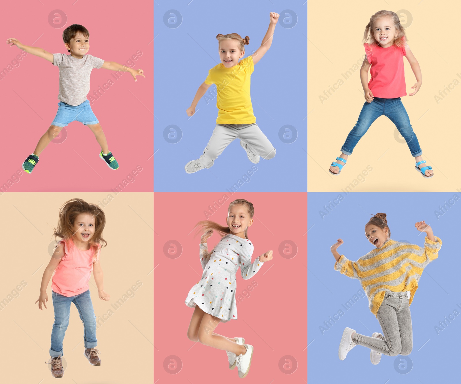 Image of Group of children jumping on color backgrounds, set of photos