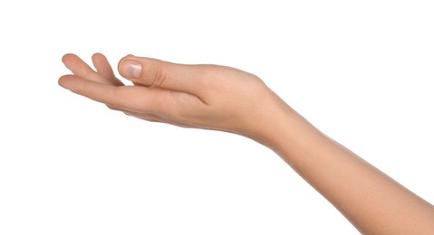 Woman holding something on white background, closeup of hand