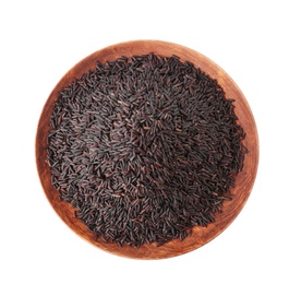 Photo of Plate with uncooked black rice on white background, top view