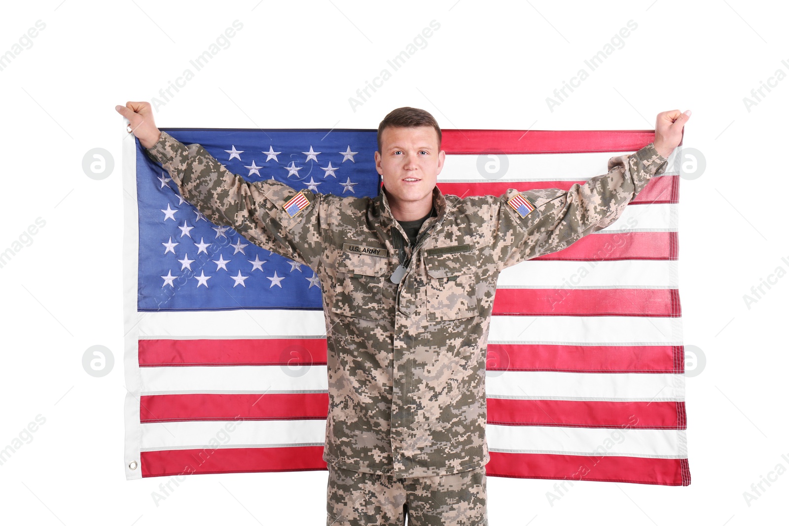 Photo of Male soldier with American flag on white background. Military service