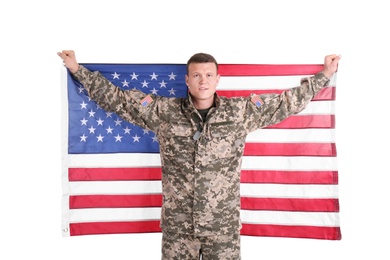 Photo of Male soldier with American flag on white background. Military service