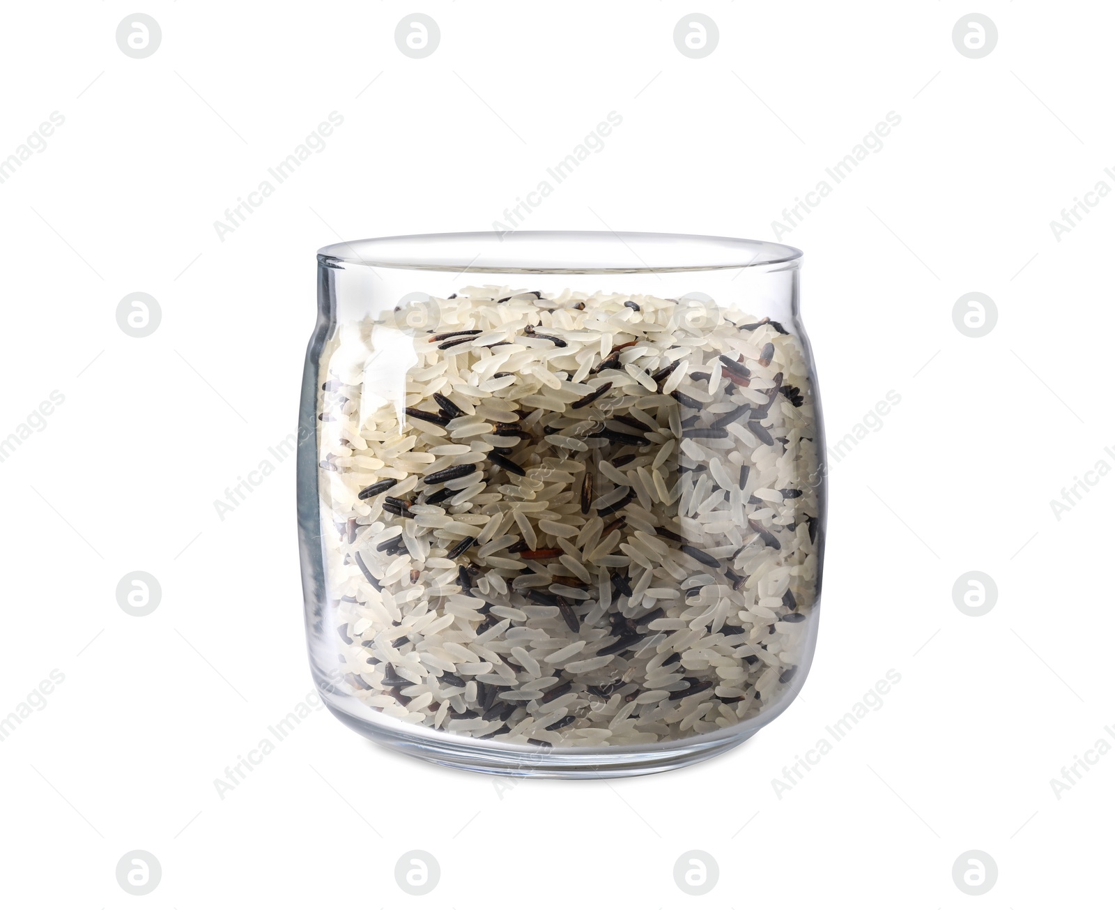 Photo of Mix of brown and polished rice in jar isolated on white