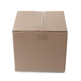 Photo of Cardboard box on white background. Mockup for design