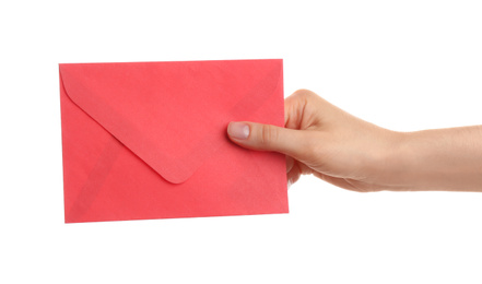 Woman holding red paper envelope on white background, closeup