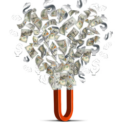 Image of Red horseshoe magnet attracting dollar banknotes and signs on white background