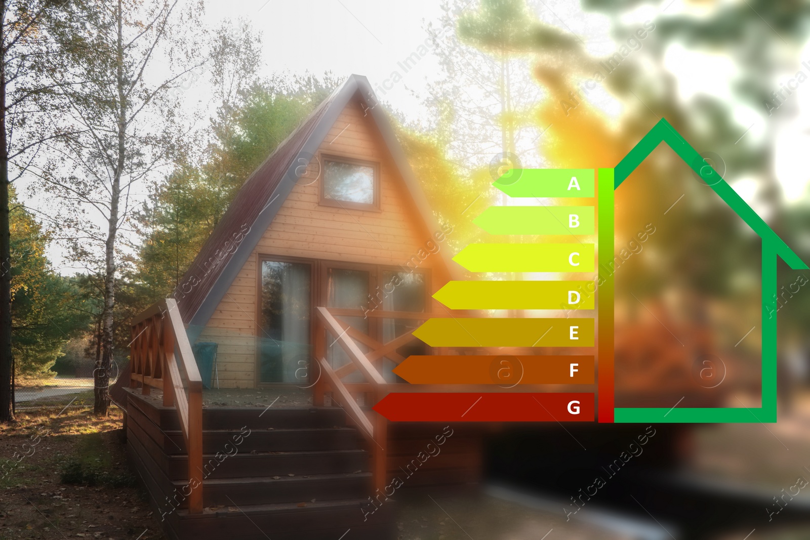 Image of Energy efficiency rating and blurred view of house outdoors