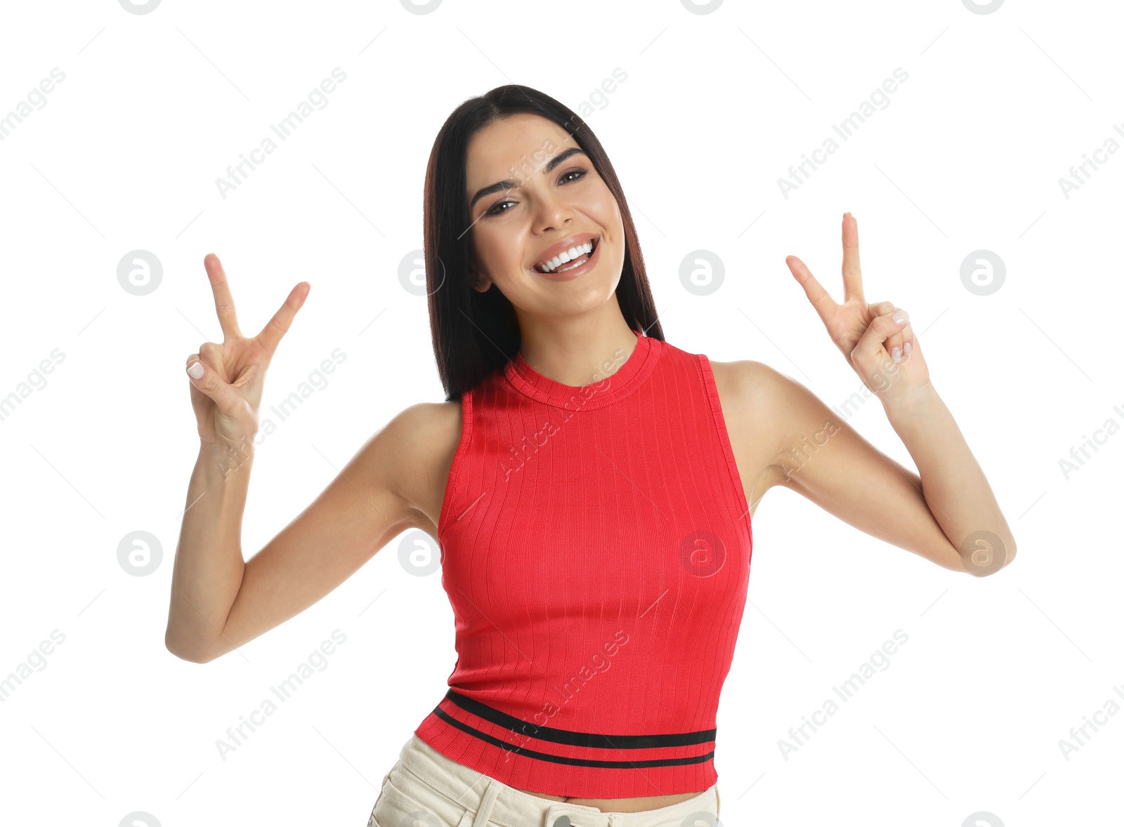 Photo of Woman showing number four with her hands on white background