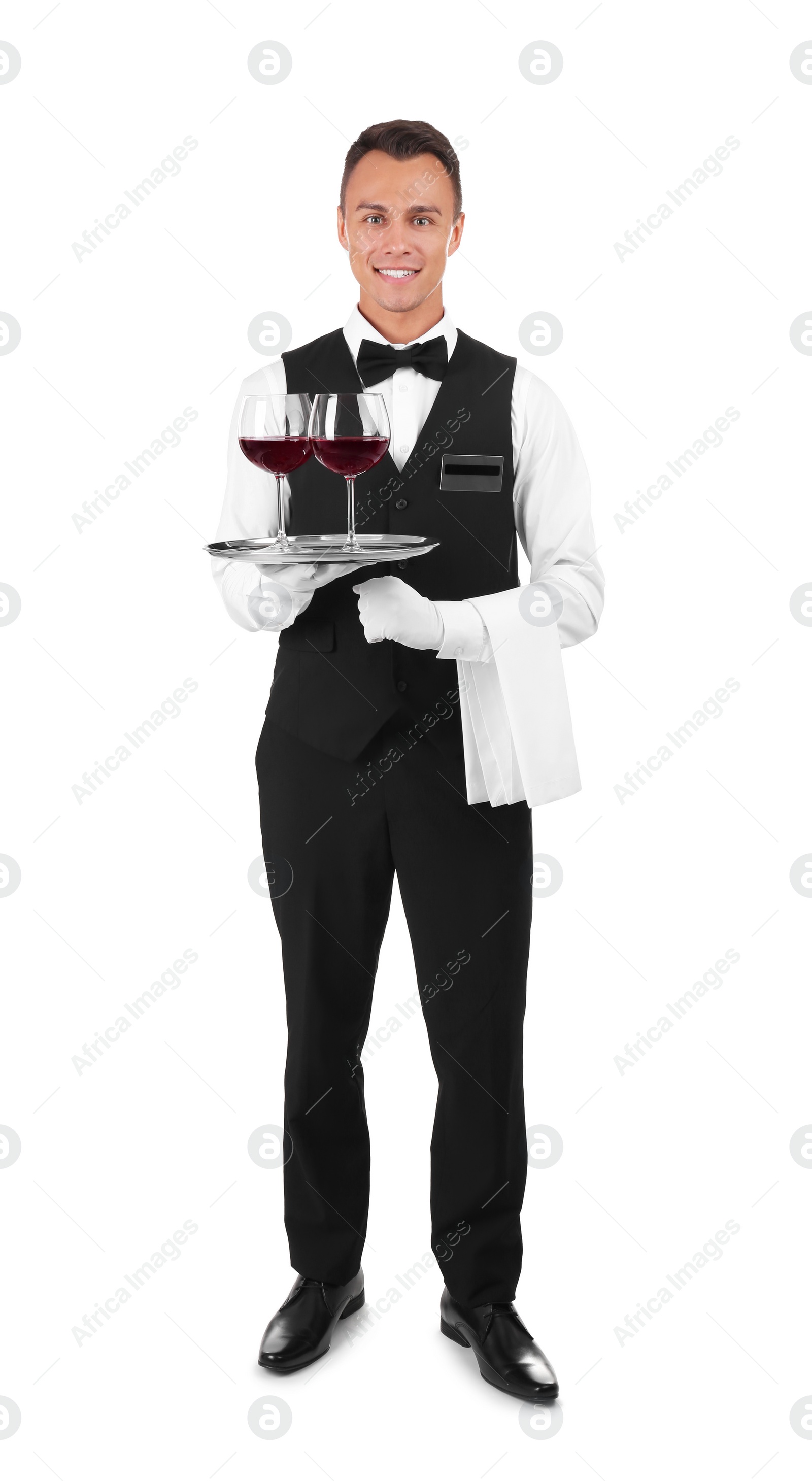 Photo of Waiter holding metal tray with glasses of wine on white background