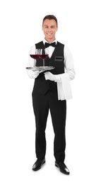 Waiter holding metal tray with glasses of wine on white background