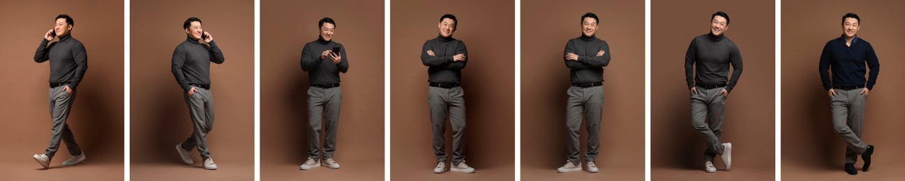 Full length portrait of Asian man on brown background, set with photos