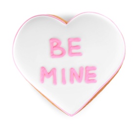 Photo of Beautiful heart shaped cookie with phrase Be Mine on white background, top view. Valentine's day treat