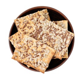 Photo of Cereal crackers with flax, sunflower and sesame seeds in bowl isolated on white, top view