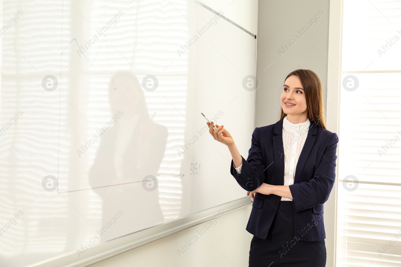 Photo of Professional business trainer near whiteboard in office