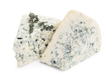 Tasty blue cheese with thyme isolated on white