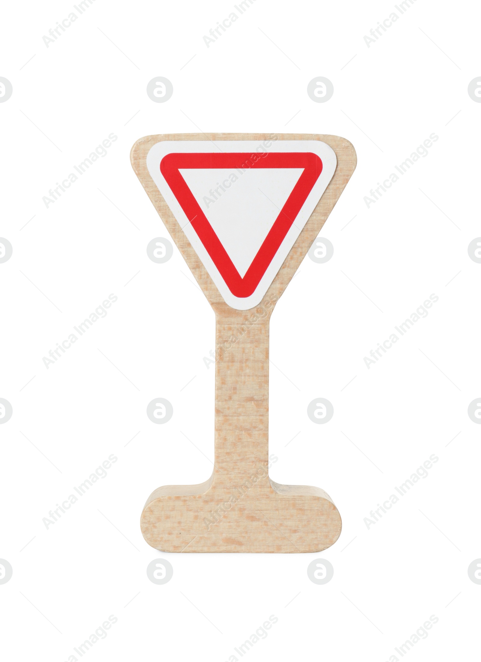 Photo of Wooden road sign isolated on white. Children's toy