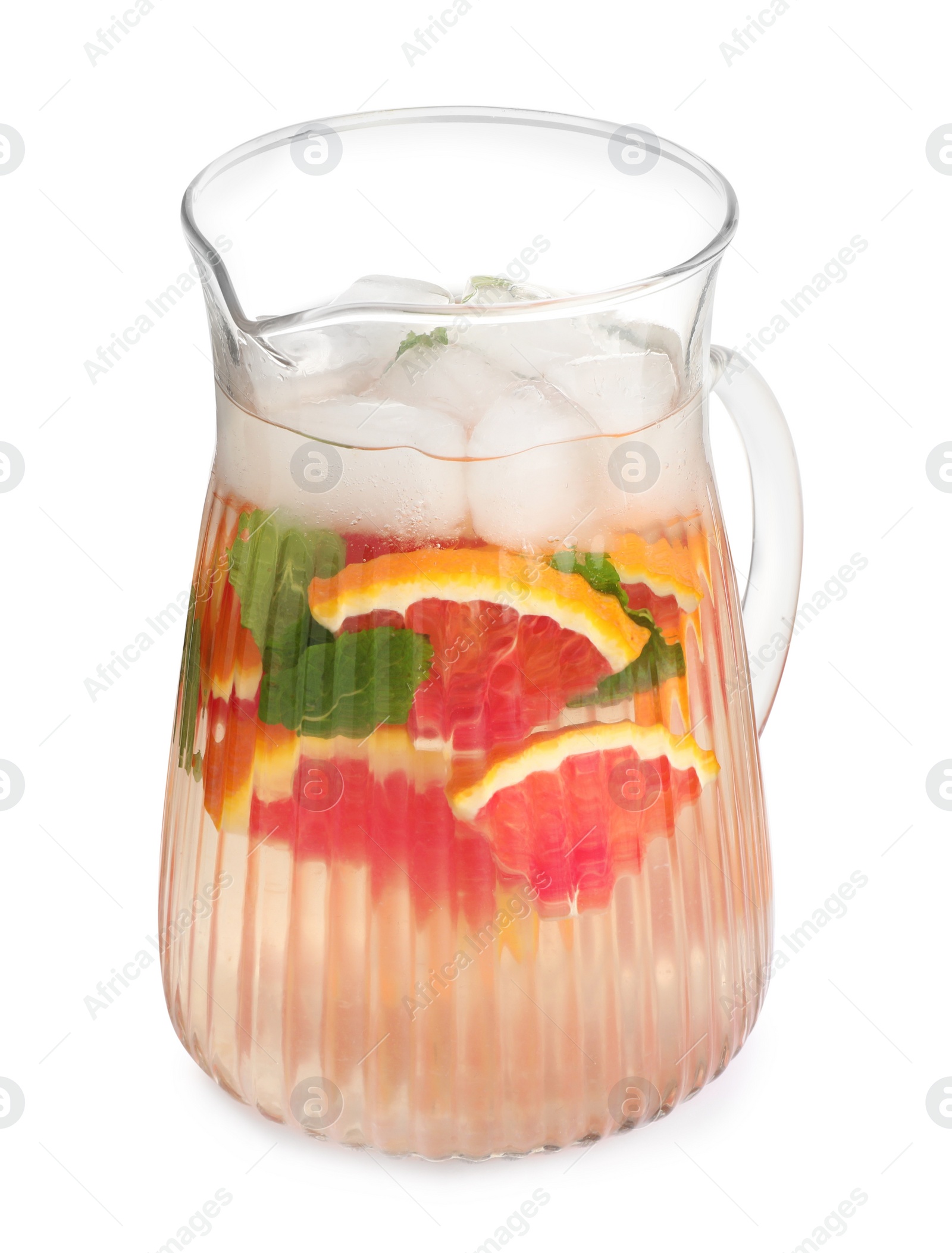 Photo of Delicious refreshing drink with sicilian orange, fresh mint and ice cubes in jug isolated on white