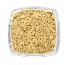 Photo of Aromatic mustard powder in glass bowl on white background, top view