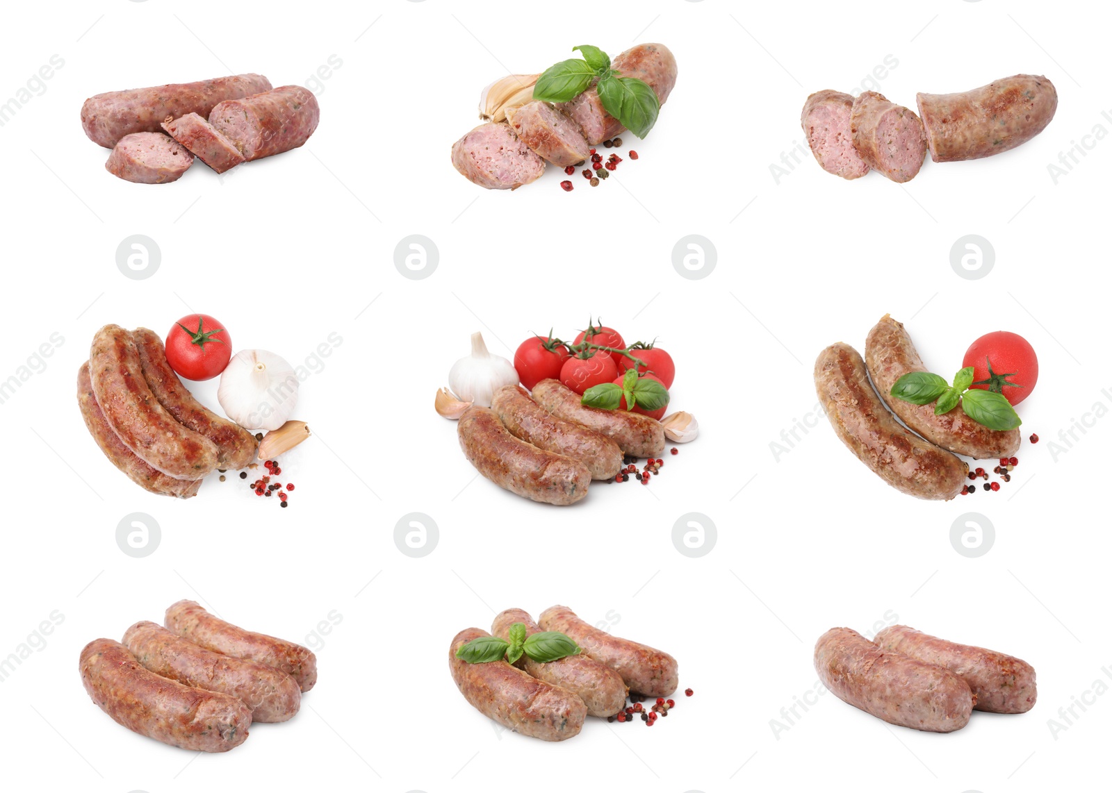 Image of Tasty homemade sausages isolated on white, set