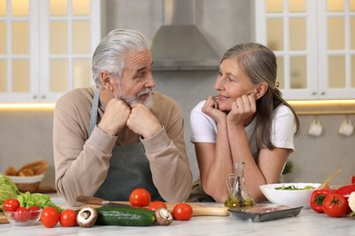 Happy senior couple at table in kitchen