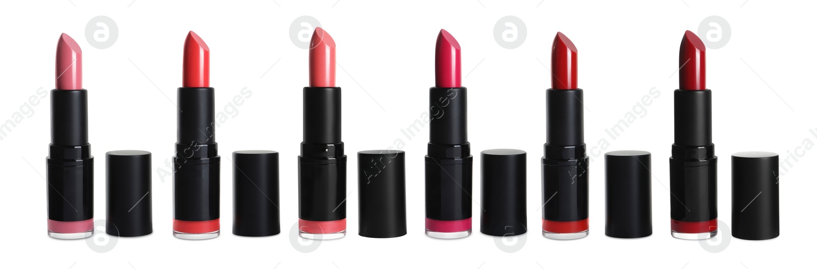 Image of Set with different beautiful lipsticks on white background. Banner design