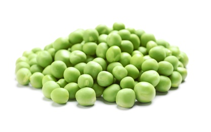 Heap of fresh green peas on white background