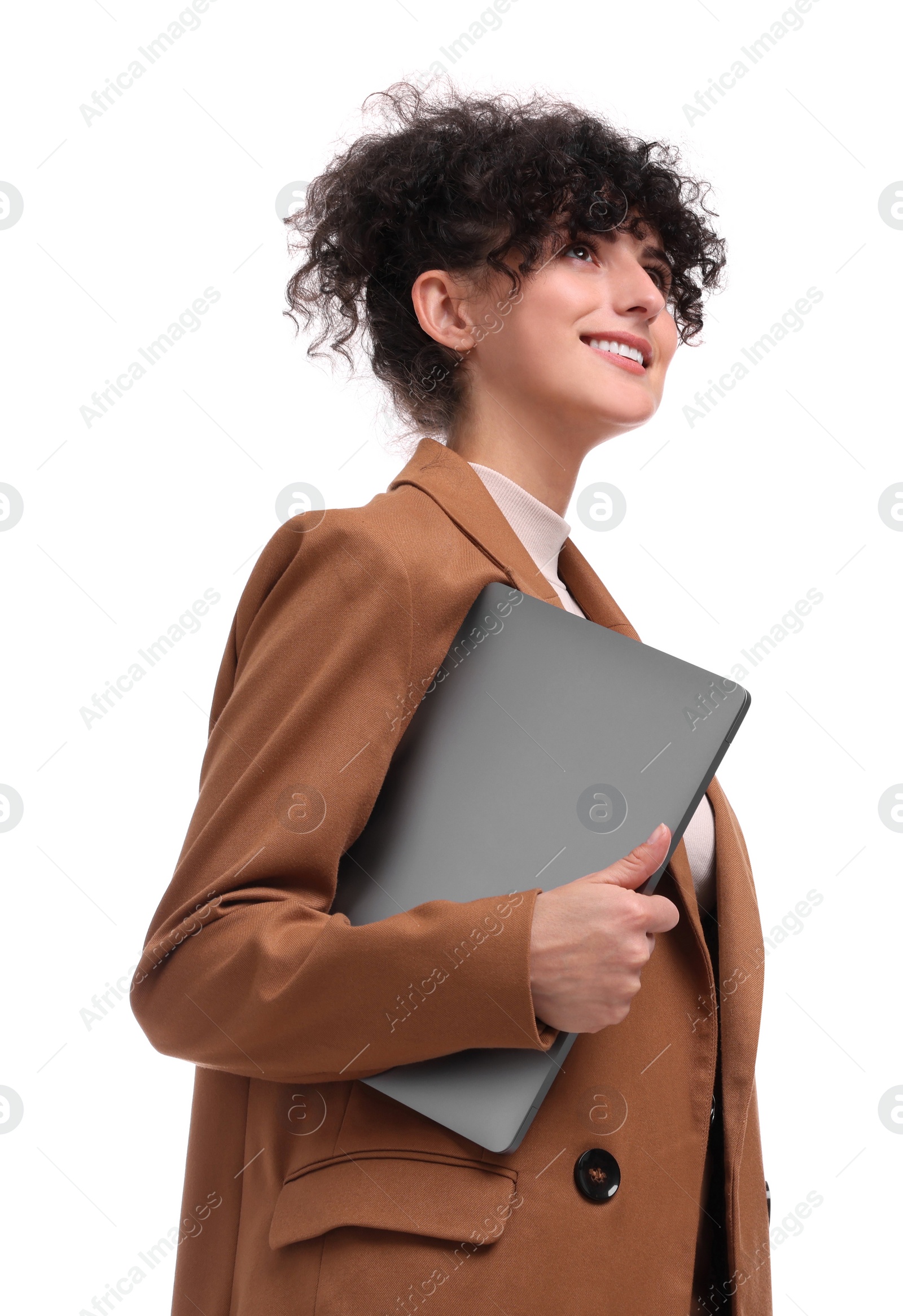 Photo of Beautiful happy businesswoman with laptop on white background