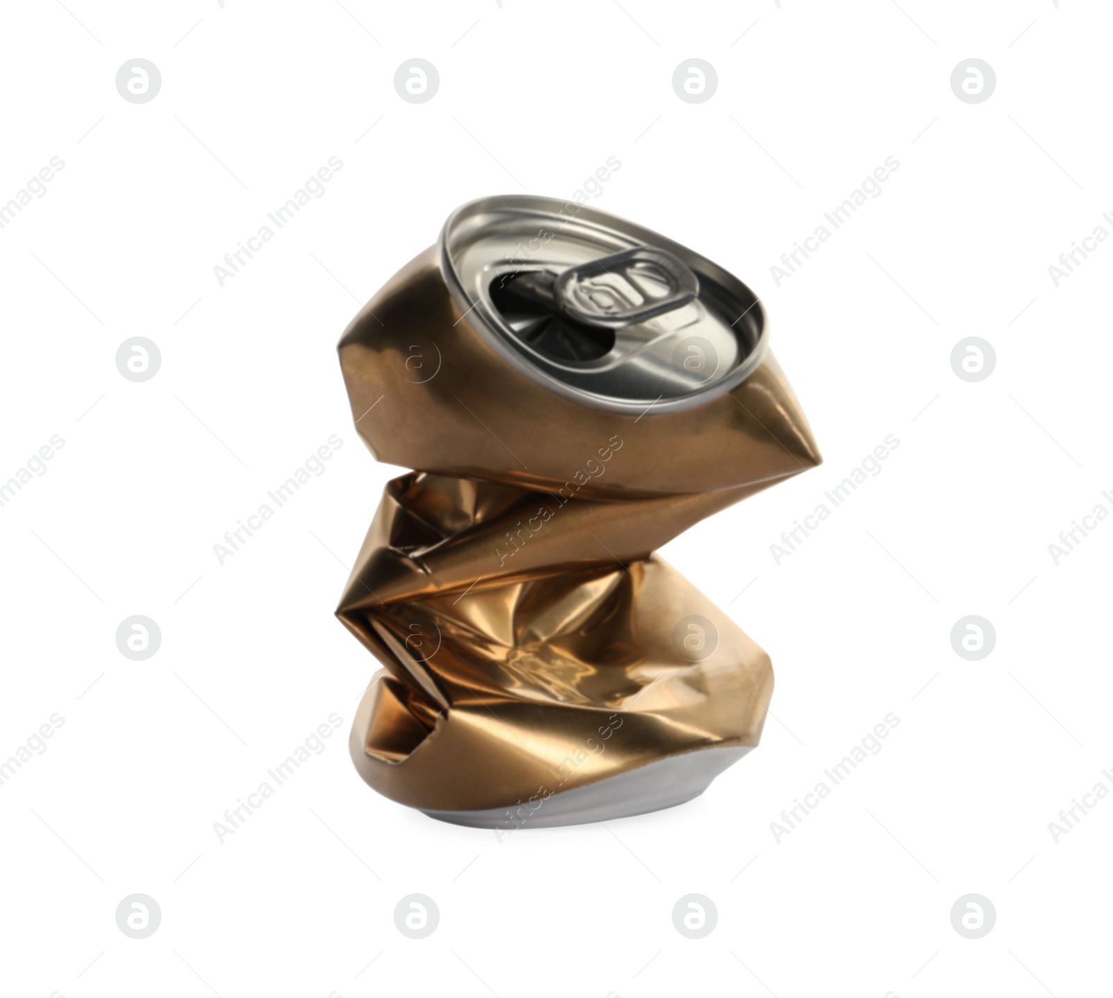 Photo of Golden crumpled can with ring isolated on white