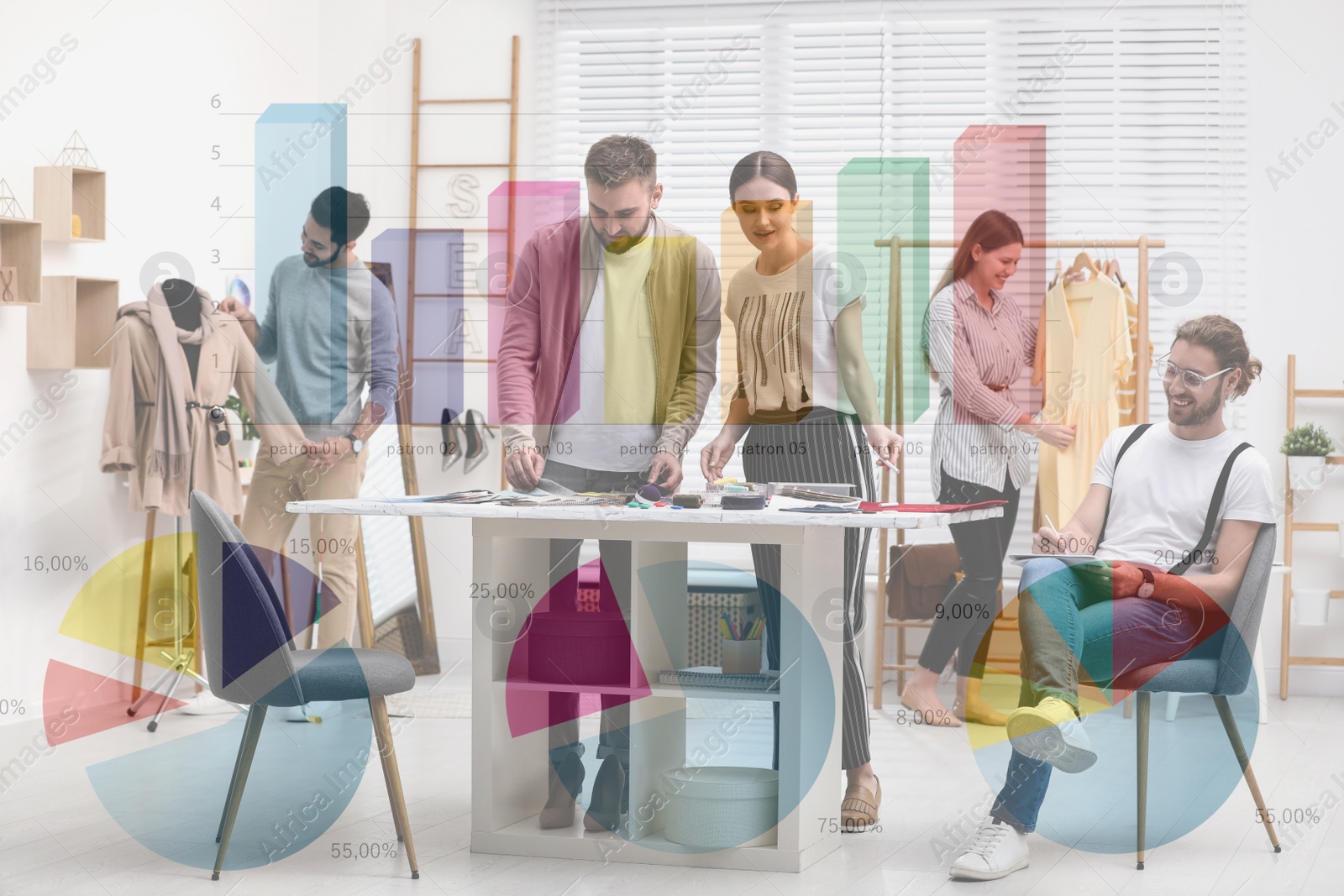 Image of Fashion designers creating new clothes in studio and illustration of colorful graphs. Double exposure