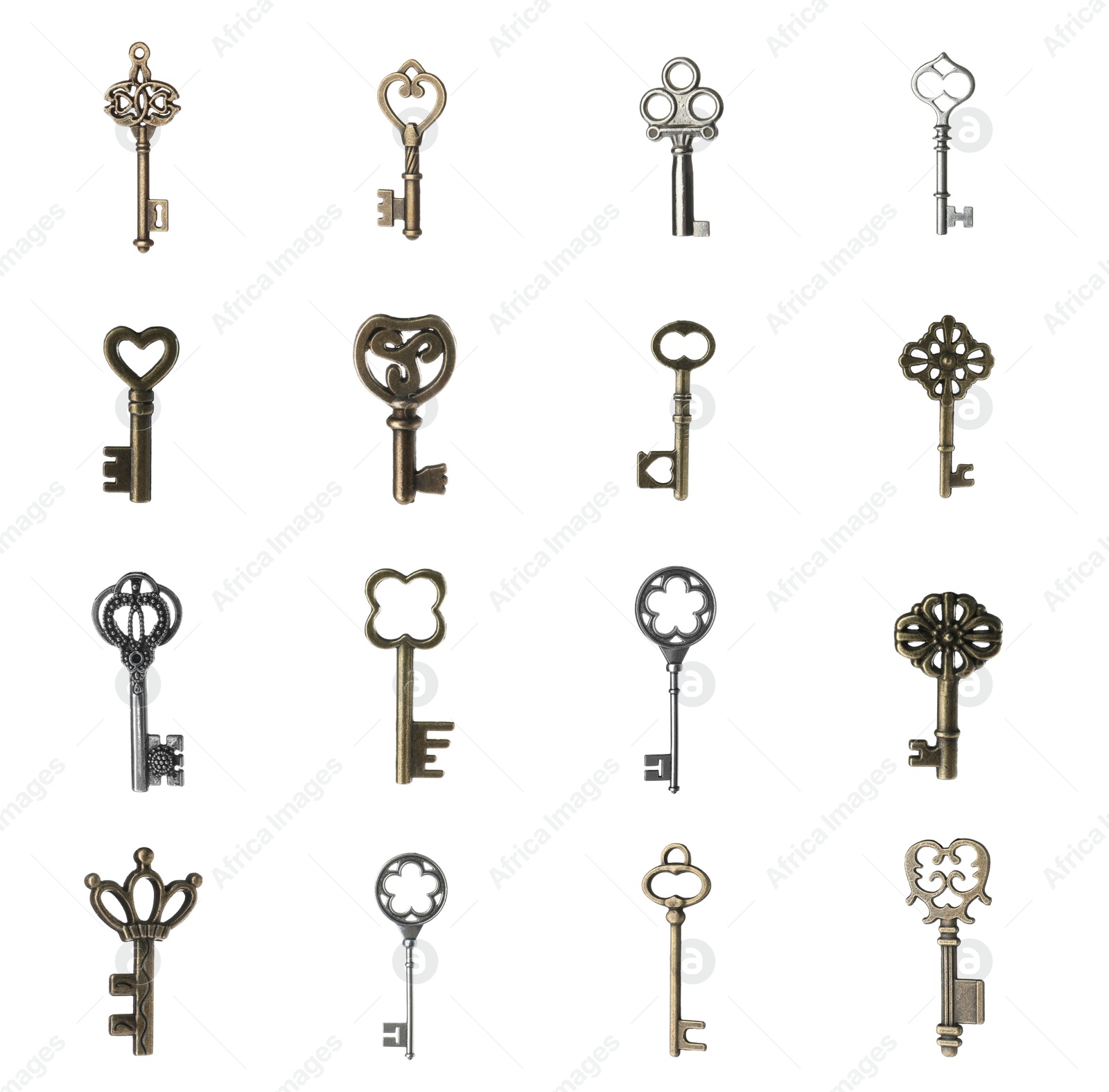 Image of Set of different ornate keys on white background