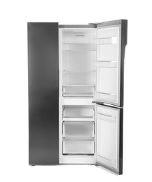 Photo of Modern stainless steel refrigerator isolated on white