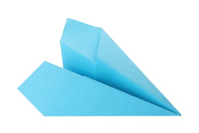 Photo of Handmade light blue paper plane isolated on white