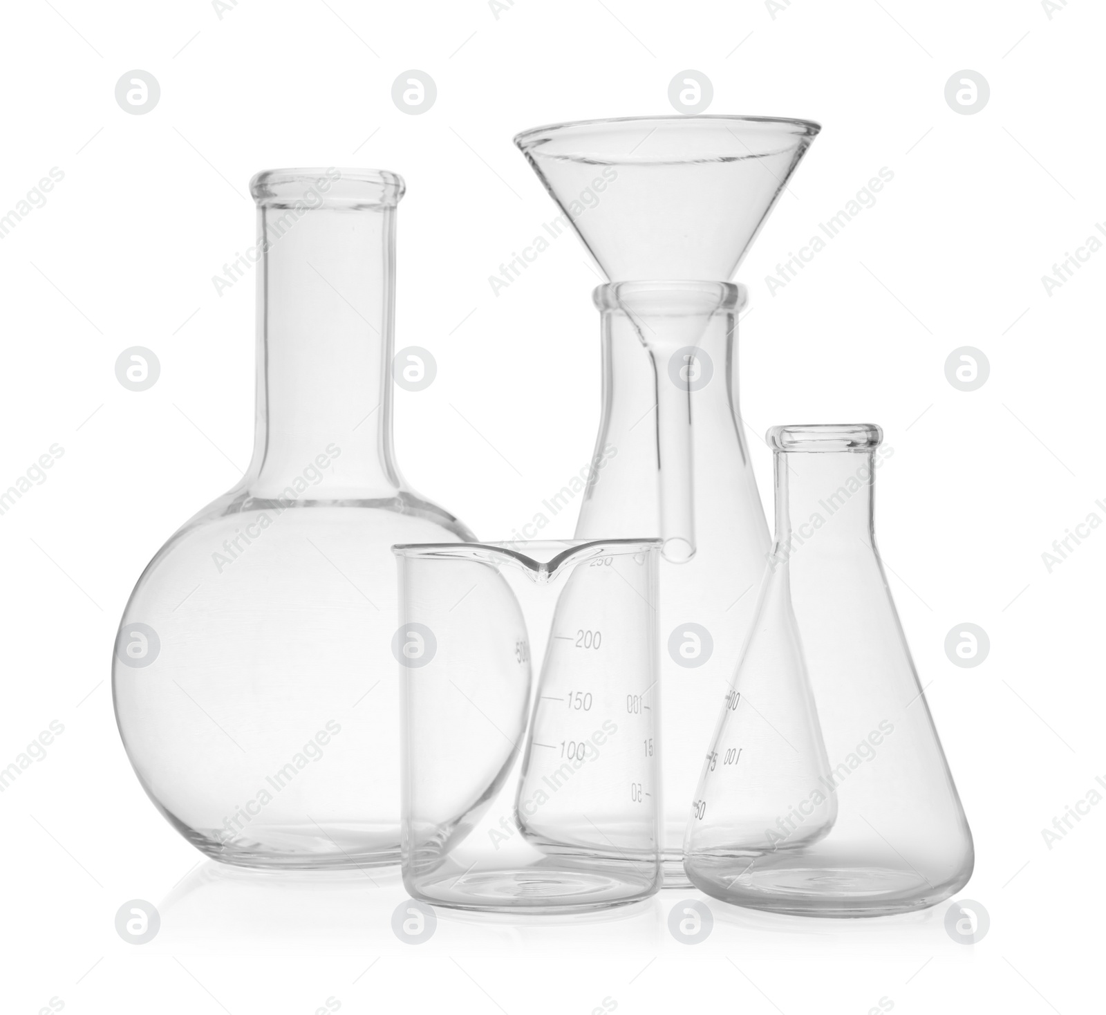 Photo of Set of laboratory glassware on white background