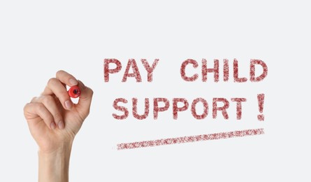 Image of Woman with marker and phrase PAY CHILD SUPPORT! on white background, closeup