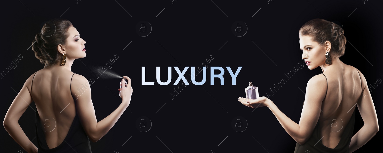 Image of Beautiful young woman with luxury perfume on black background. Banner design