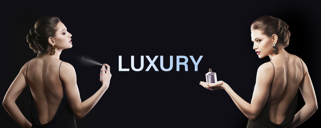 Beautiful young woman with luxury perfume on black background. Banner design