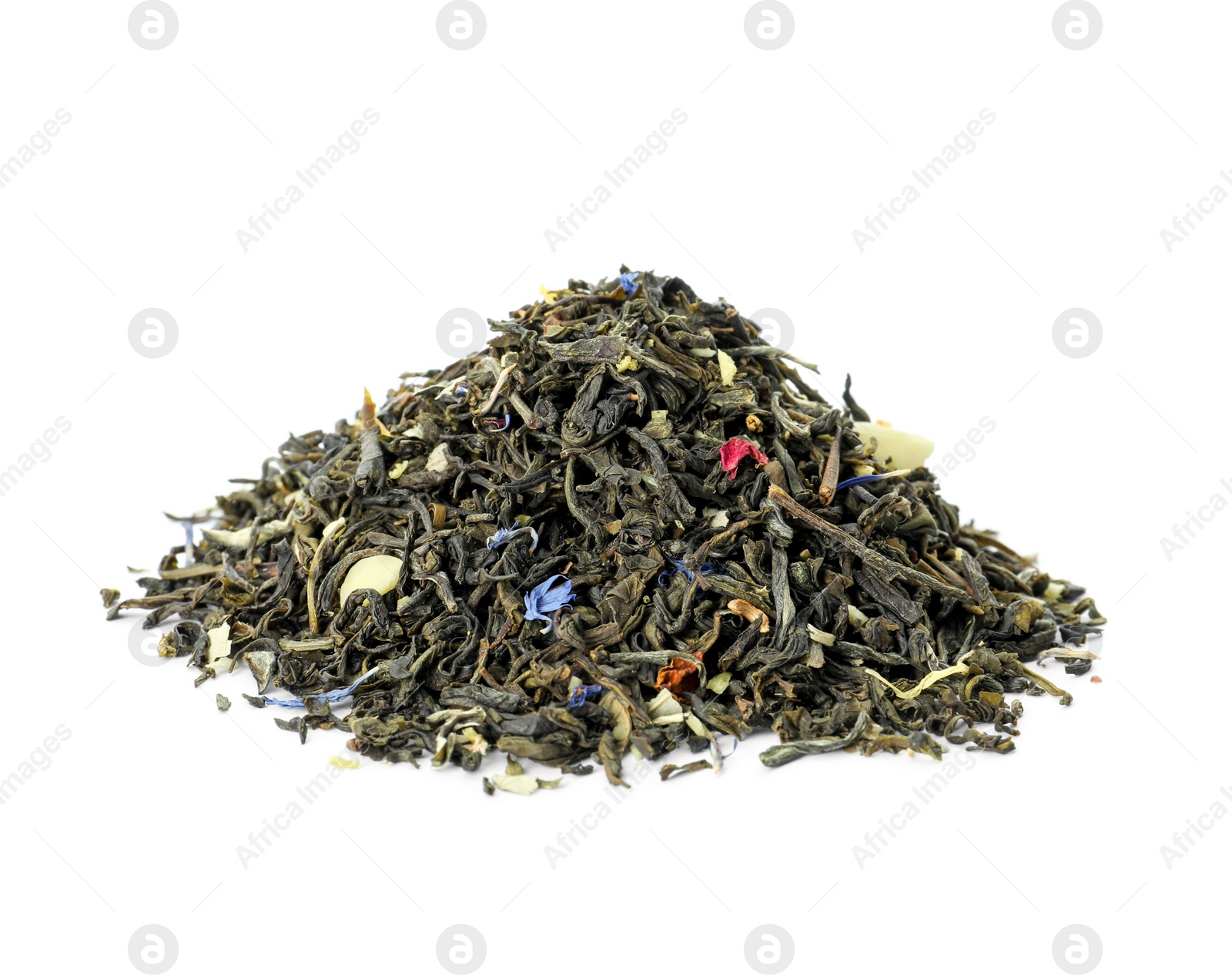 Photo of Pile of aromatic herbal tea isolated on white