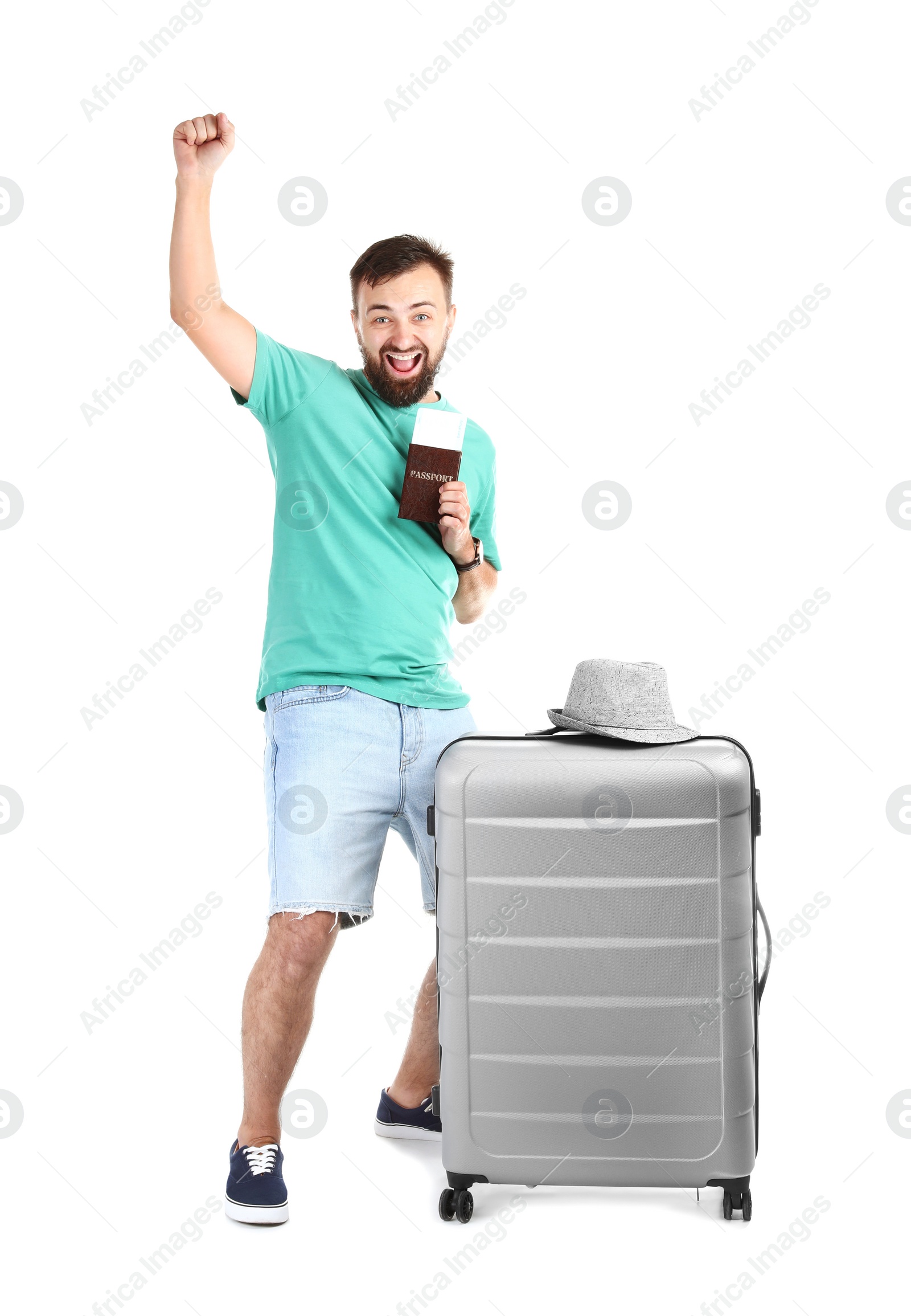 Photo of Man with suitcase and passport on white background. Vacation travel