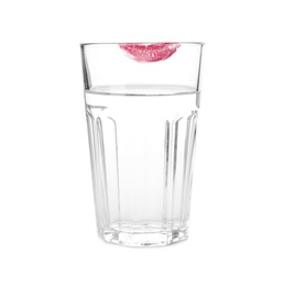 Photo of Glass of water with lipstick mark on white background