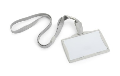 Photo of Blank badge with grey string isolated on white