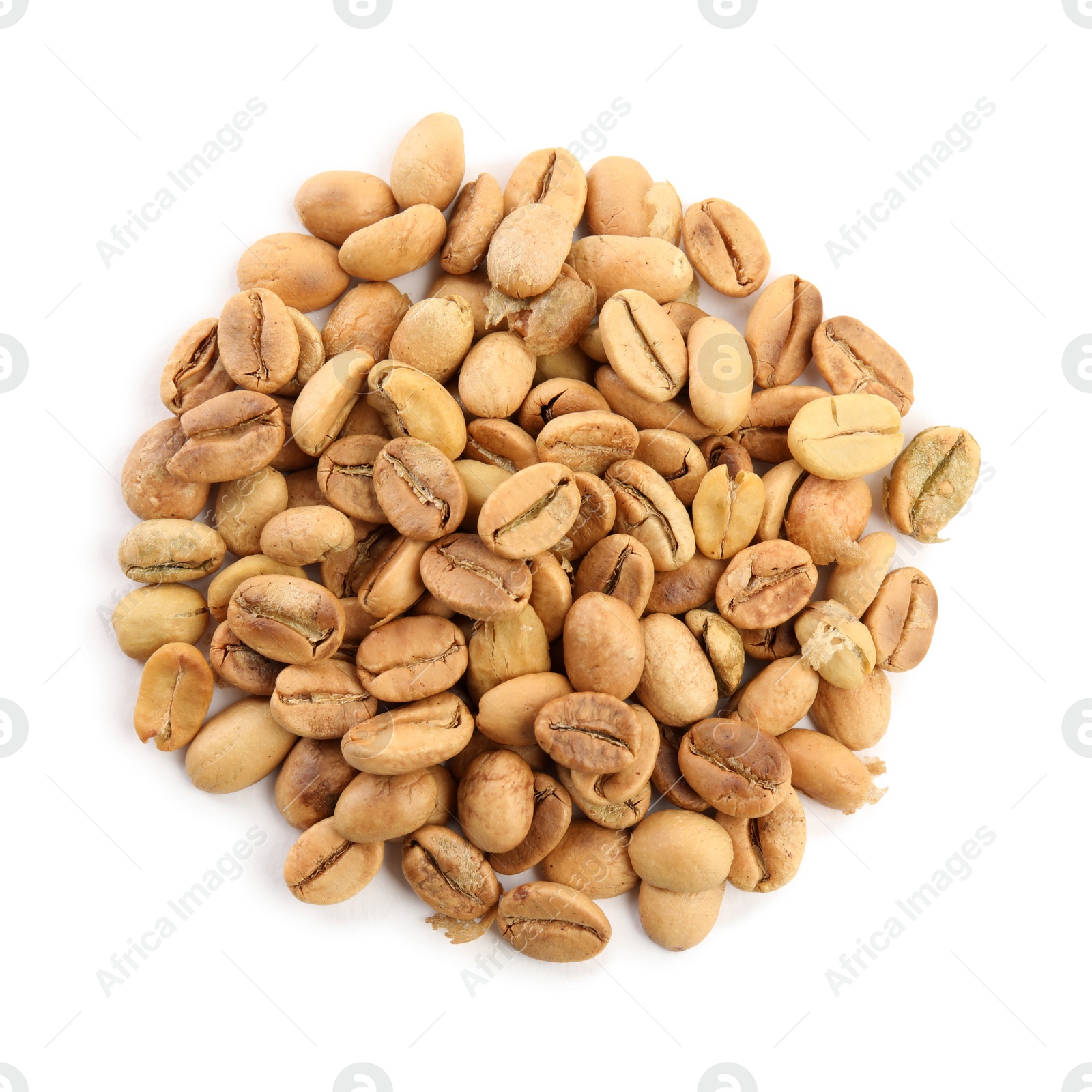 Photo of Heap of roasted coffee beans isolated on white, top view