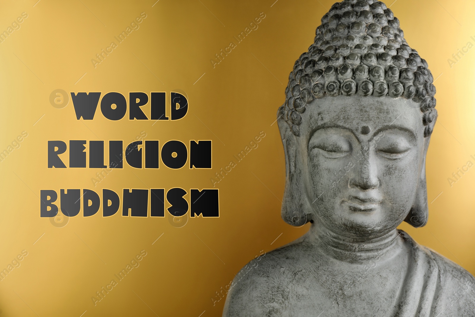 Image of Buddha statue and text World Religion Buddhism on golden background