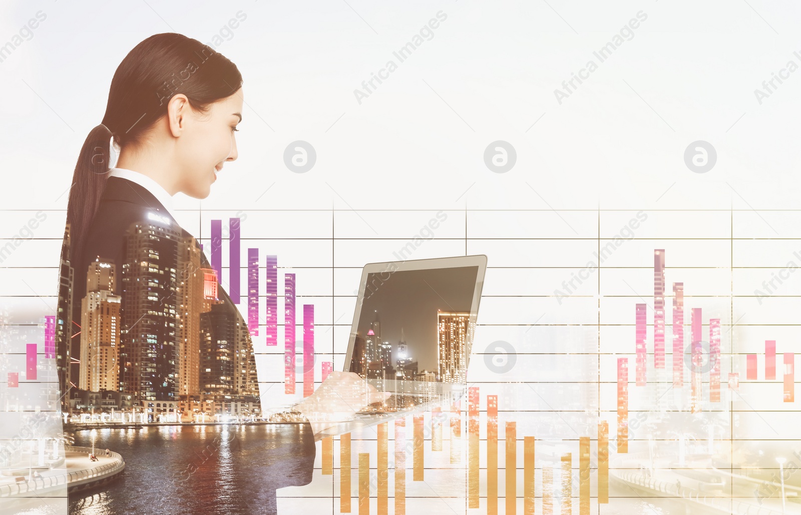Image of Double exposure of businesswoman with laptop and cityscape. Forex trading