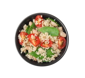 Delicious quinoa salad with tomatoes, beans and spinach leaves isolated on white, top view