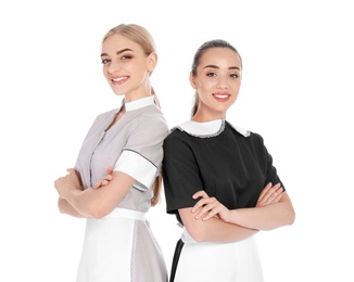 Portrait of young chambermaids on white background