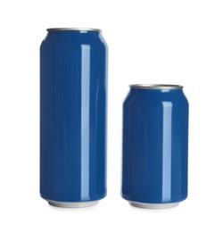 Photo of Blue aluminum cans on white background. Mockup for design