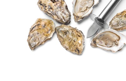 Photo of Fresh raw oysters and knife on white background, top view