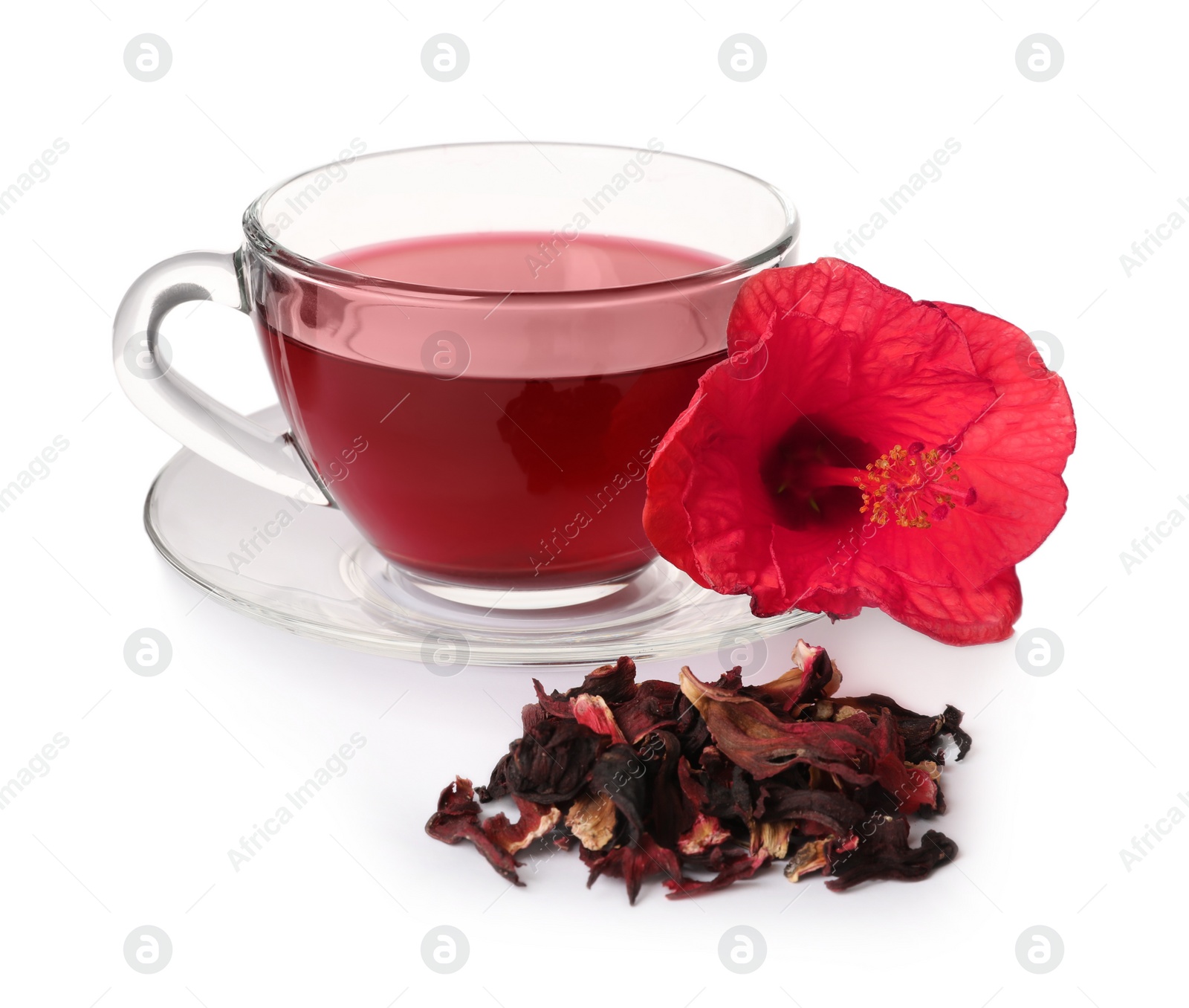 Photo of Delicious hibiscus tea and dry flowers on white background