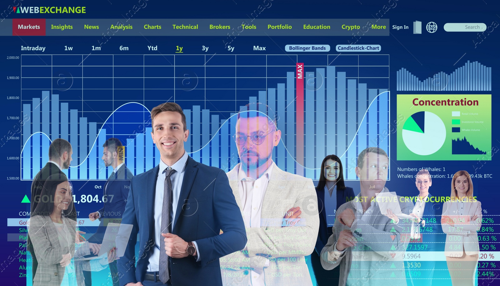 Image of Double exposure of businesspeople and online web terminal with information. Stock exchange 