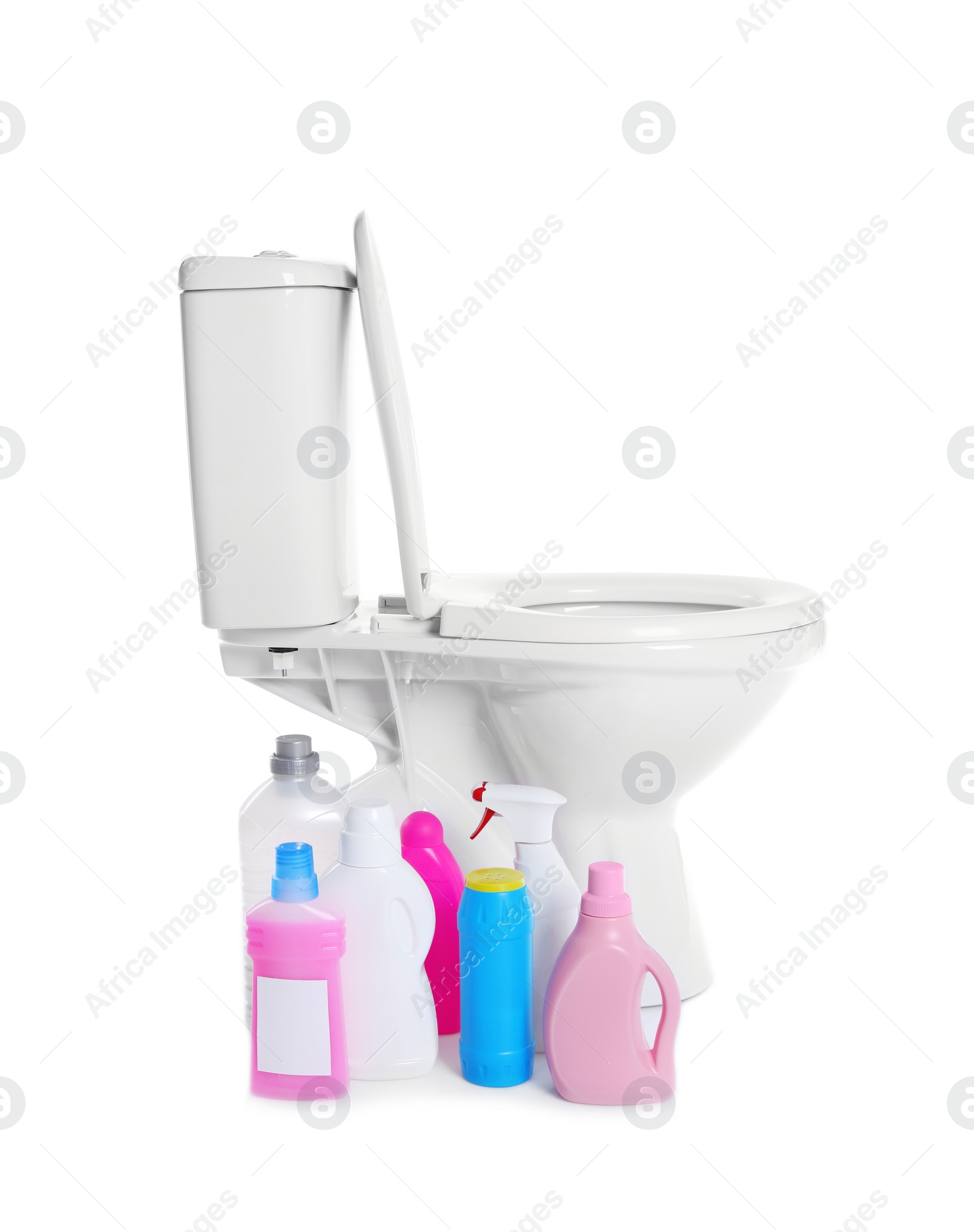 Photo of New ceramic toilet bowl and bottles of detergent on white background