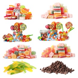 Different tasty candies isolated on white, set